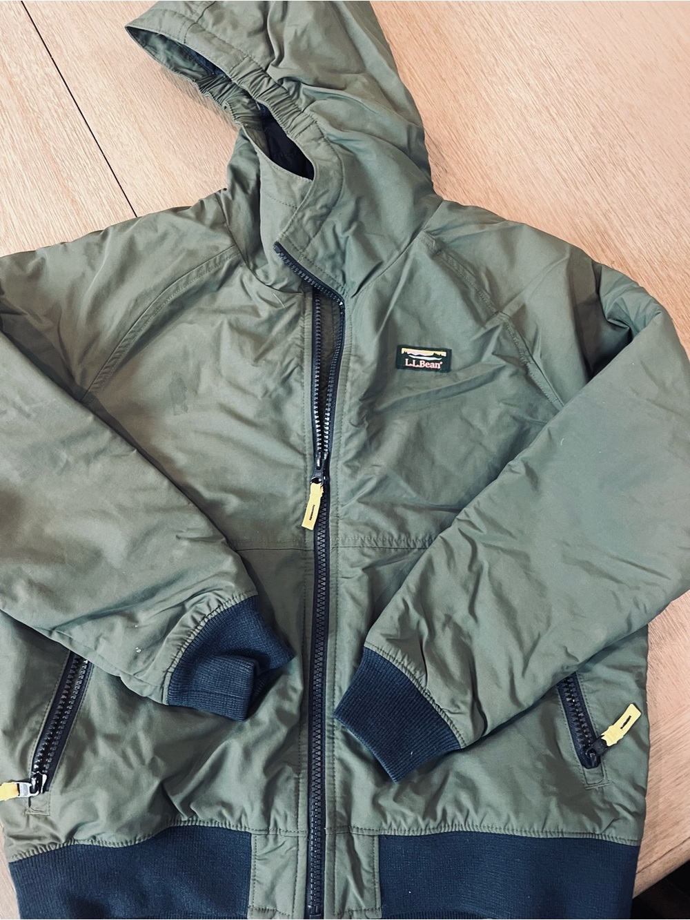 L.L. Bean Kids Hooded Puffer Jacket in Olive Green with Navy Trim